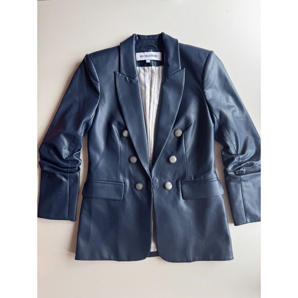 NWOT VERONICA BEARD Beacon Storm Blue Faux Leather Dickey Jacket Blazer, Size 2 - Picture 5 of 16